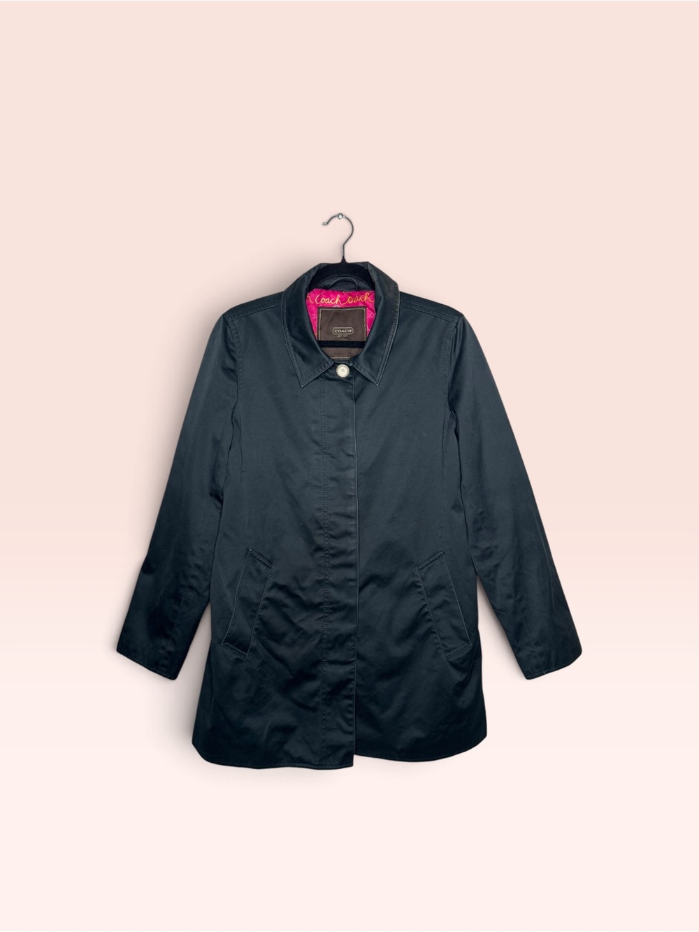 Coach Vintage Black Sateen Walking Trench Coat Pink Graffiti Script Lining - Picture 6 of 7